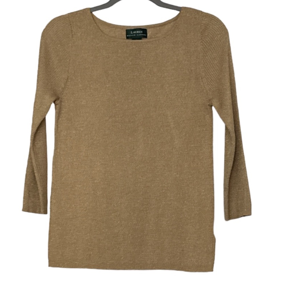Lauren Ralph Lauren Gold 3/4 Sleeve Ribbed Knit Metallic Sparkly Sweater Sheer